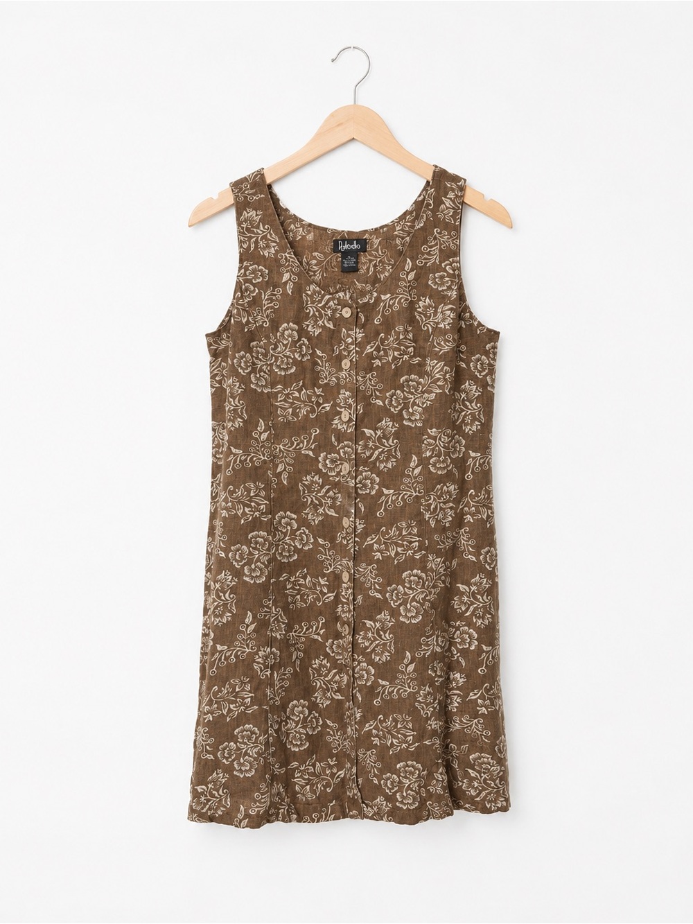 Rafaella Vintage 100% Linen Brown Floral Sleeveless Button-Front Dress Size 14